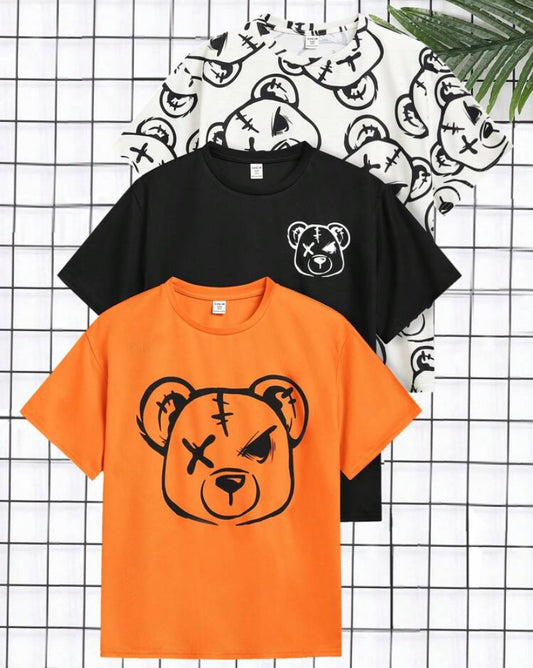 3pcs Young Boys' Casual Korean Cute Bear & Animal Printed Loose Round Neck Knitted Short Sleeve T-Shirt Set, Assorted In 3 Colors