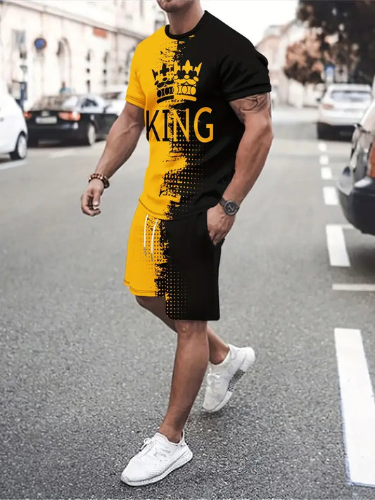 Color Block KING Print, Men's 2Pcs Outfits, Casual Crew Neck Short Sleeve T-shirt And Drawstring Shorts Set For Summer, Men's Clothing Loungewear Vacation