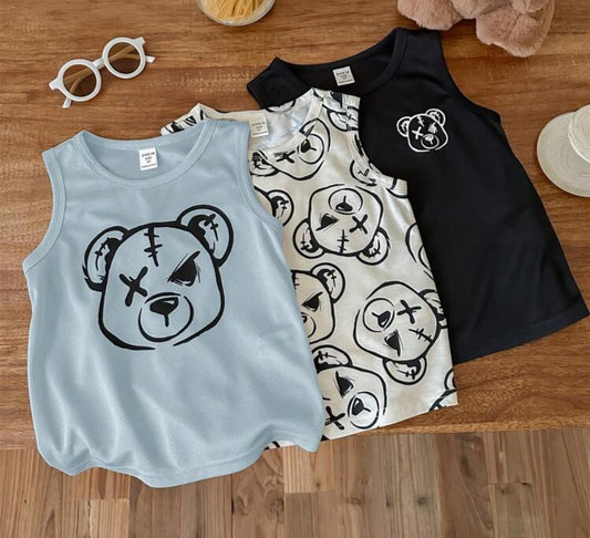 3pcs Young Boys Cute Cartoon Bear Print Round Neck Lightweight Comfortable Tank Tops