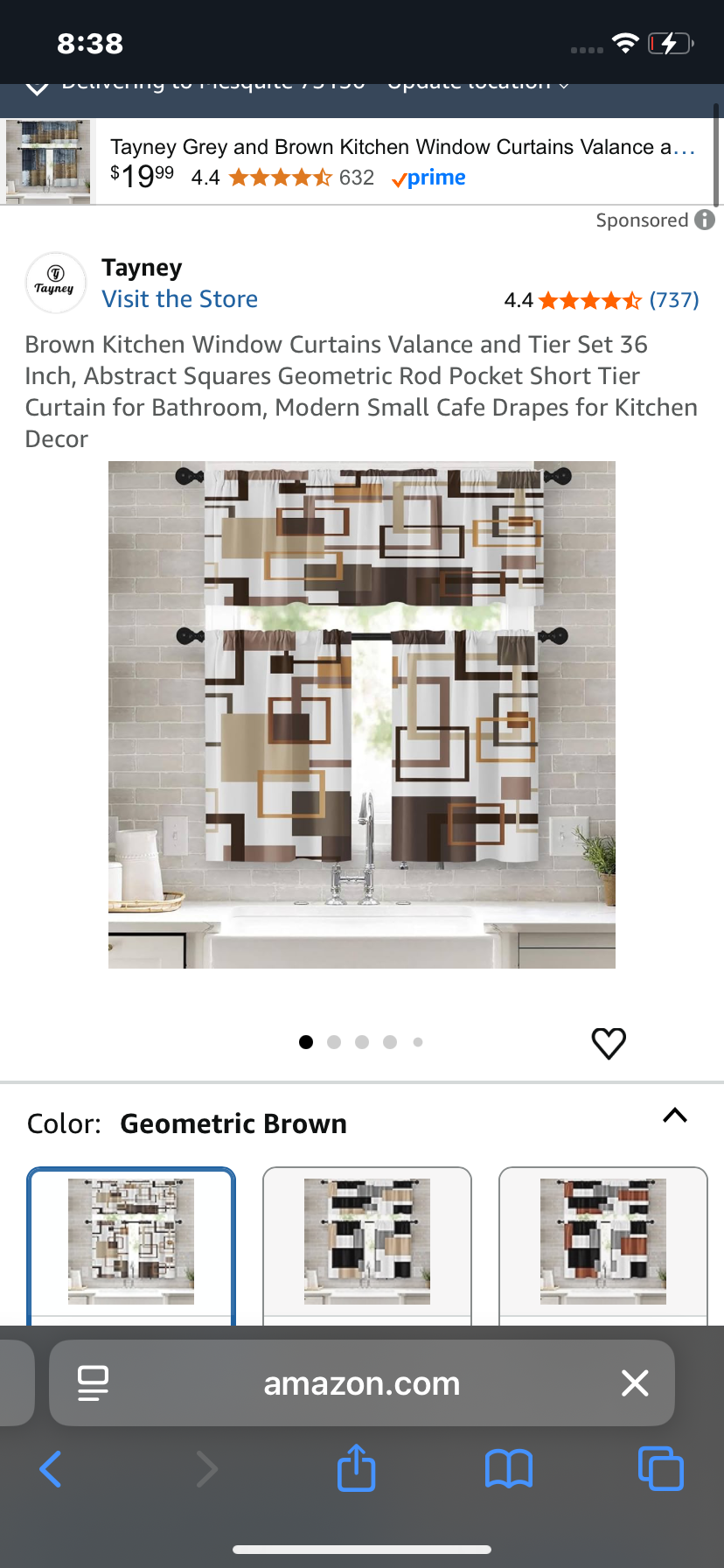 Brown Kitchen Window Curtains Valance and Tier Set 36 Inch, Abstract Squares Geometric Rod Pocket Short Tier Curtain for Bathroom, Modern Small Cafe Drapes for Kitchen Decor