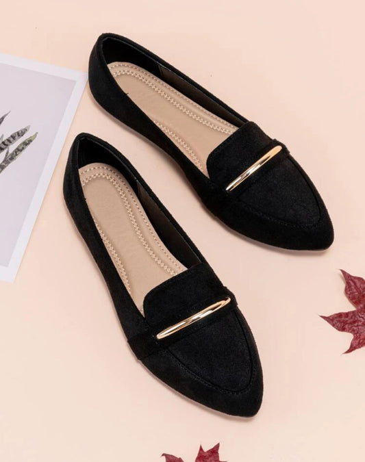 Black Metal Decor Flat Shoes For Women, Fashionable Point Toe Loafers