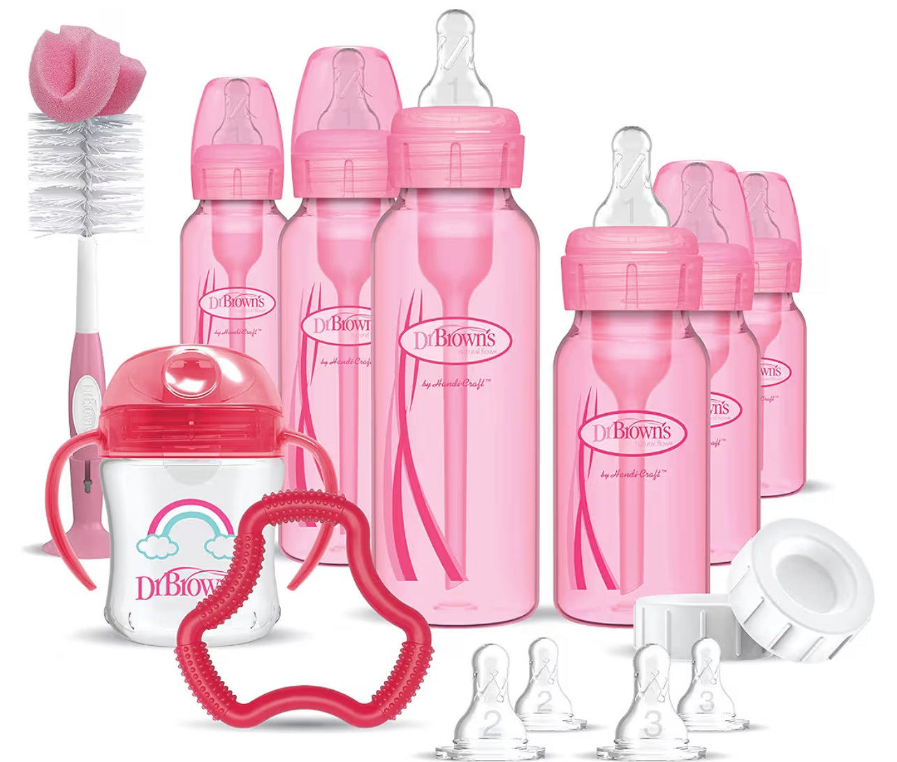 Dr. Brown's Natural Flow Anti-Colic Options+ Special Edition Pink Baby Bottle Gift Set with Soft Sippy Spout Transition Cup, Flexees Teether, Bottle Cleaning Brush and Travel Caps