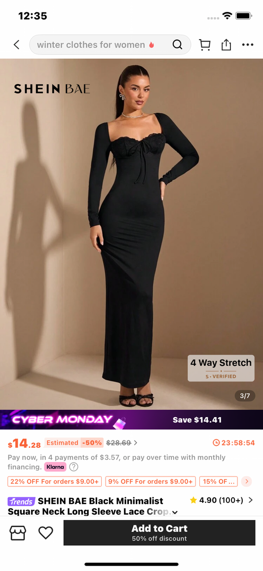 SHEIN BAE Black Minimalist Square Neck Long Sleeve Lace Crop Top For Women, Elegant Long Dress Suitable For Valentine's Day, Party, Romantic Date, Bridesmaid, Prom, Commute, Autumn/Winter/Early Spring,Halloween Clothes Women ,Halloween Costume