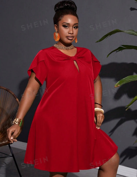 SHEIN Slayr Slayr Plus Vacation/Leisure Loose Fit Green A-Line Knot Dress For Plus Size Women, Woven Plain, No Elastic