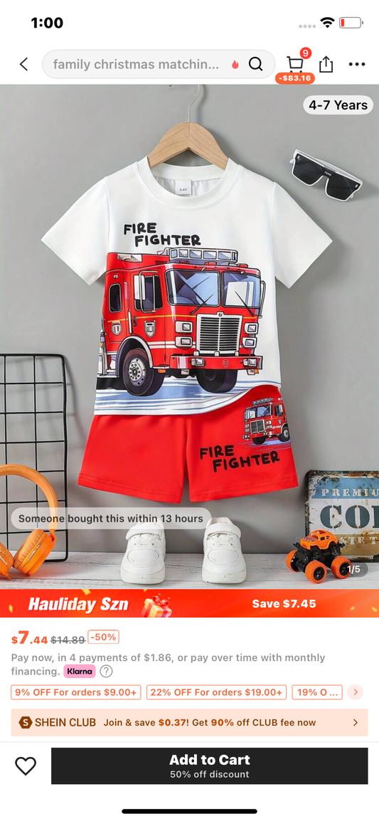 2pcs/Set Toddler Boys Cool Fire Truck Digital Print Pattern Casual Sports Outdoor Short Sleeve T-Shirt & Shorts Set, Lightweight & Breathable Summer Outfit, Great As Gift, Suitable For Outdoor Wear
