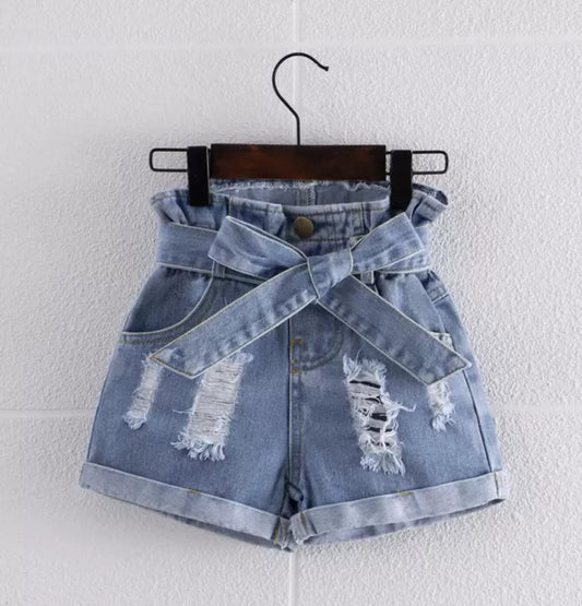 Young Girl Paperbag Waist Ripped Roll Hem Belted Denim Shorts