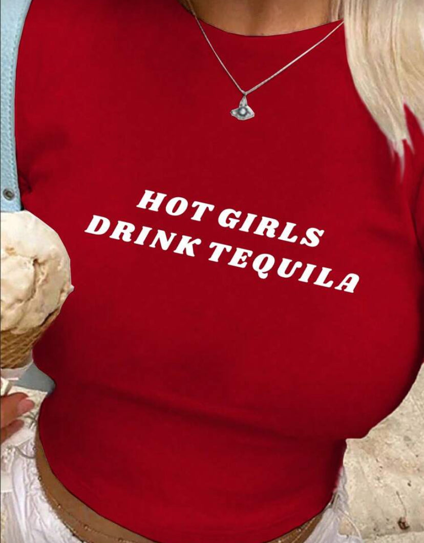 INAWLY Hot Girl Tequila Drinking Graphic Short Sleeve Crop Top, Perfect For Going Out And Fashionable HOT GIRLS DRINK TEQUILA