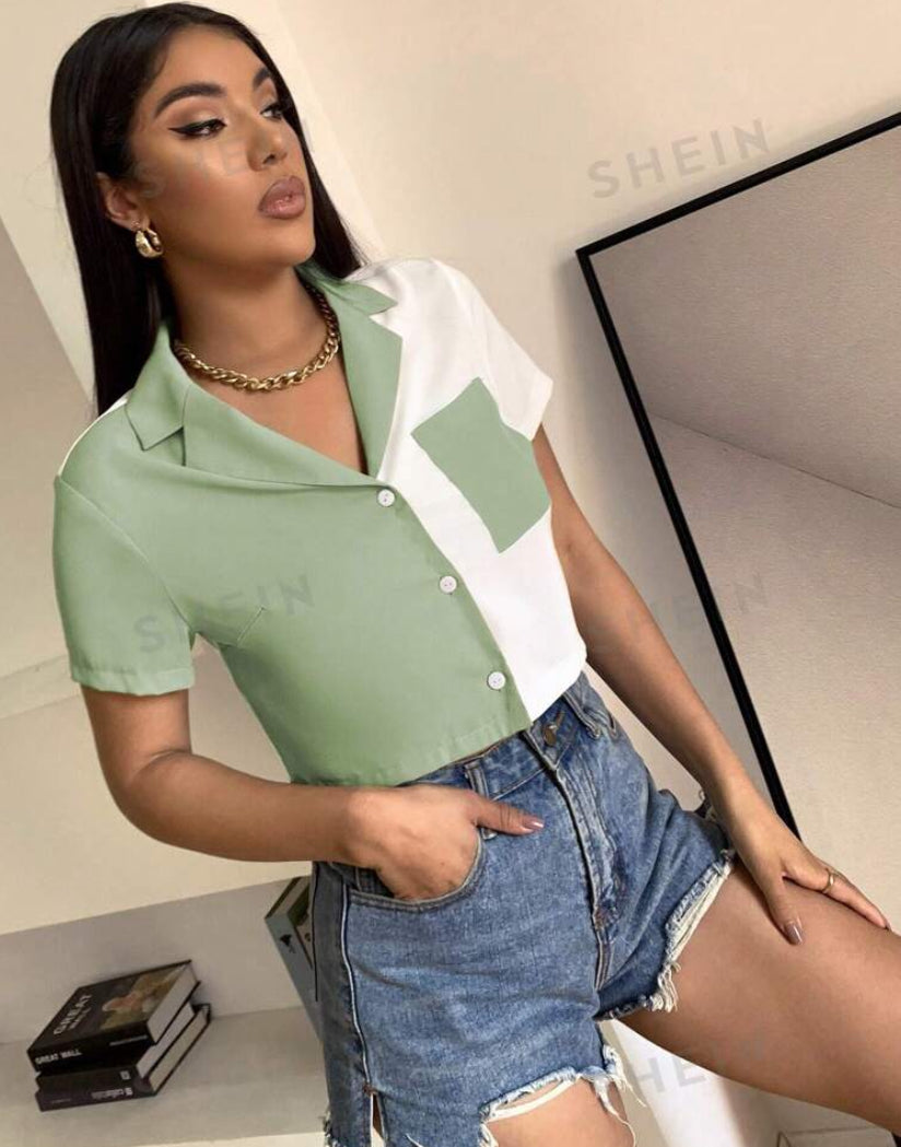 SHEIN Unity Asymmetric Hem Short Sleeve Shirt With Random Pattern