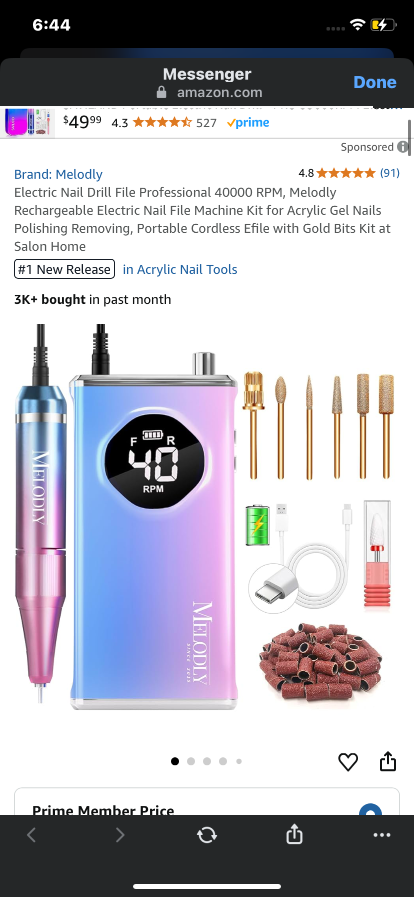Electric Nail Drill File Professional 40000 RPM, Melodly Rechargeable Electric Nail File Machine Kit for Acrylic Gel Nails Polishing Removing, Portable Cordless Efile with Gold Bits Kit at Salon Home