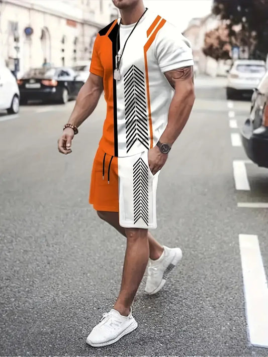 Plus Size Men's Contrast Color T-shirt Shorts Set, Summer Trendy Casual 2Pcs Outfits For Big & Tall Guys, Men Clothing