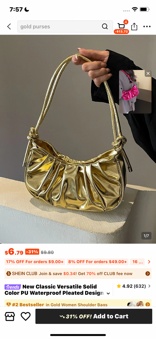 New Classic Versatile Solid Color PU Waterproof Pleated Design Underarm Baguette Bag, Zipper Closure One Shoulder Crescent Bag, Streetwear Style Women's Gold Handbag, Suitable For Shopping, Commuting To Work, And Going Out