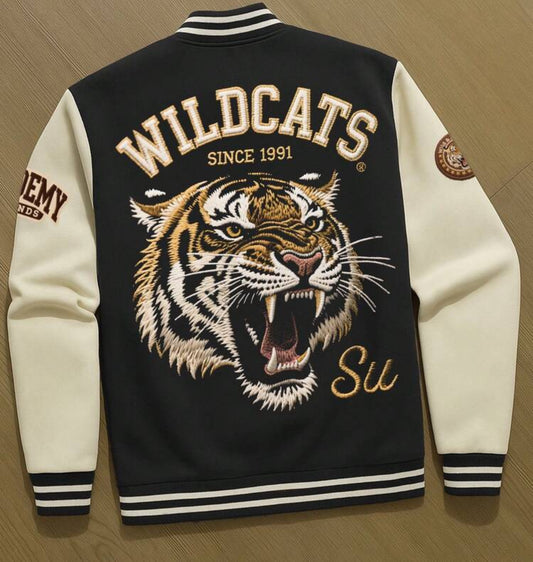 [Faux Embroidery]Men's Baseball Jacket – Black & Apricot Colorblock Varsity Coat – "WILDCATS" Tiger Head Graphic With "SINCE 1991" & "ACADEMY" – Vintage Retro Old-School Sports SWAG Streetwear Outerwear – Light Thermal Lined Winter Jacket – Gift For Boyfr