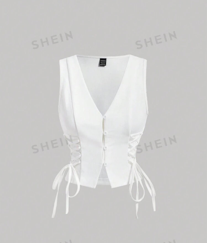 SHEIN MOD Women's Buttoned Strap Side Tie At Waist White Summer Tank Top