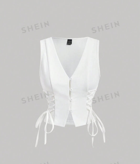 SHEIN MOD Women's Buttoned Strap Side Tie At Waist White Summer Tank Top