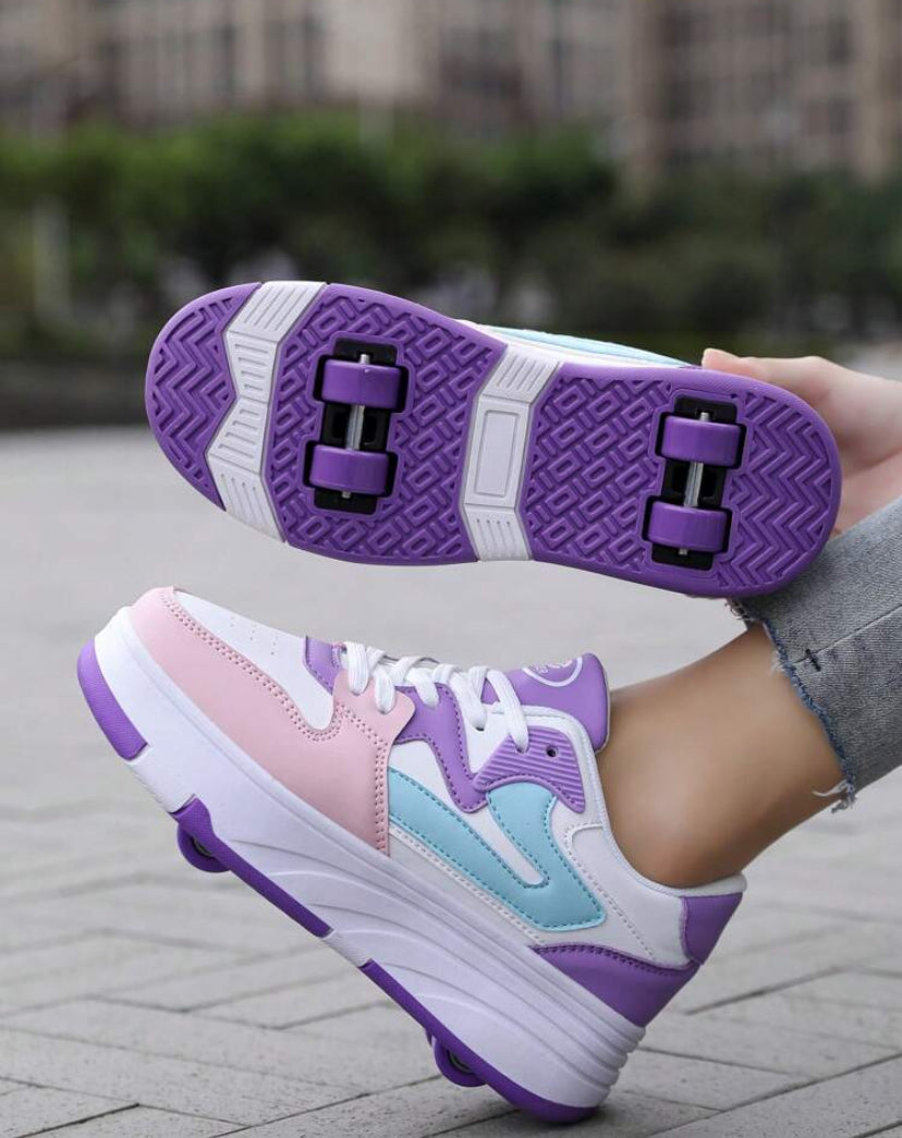 1pair Girls' Walking Shoes With Four Wheels, Spring New Design Skates Shoes For Children At School, 8-15 Years Old