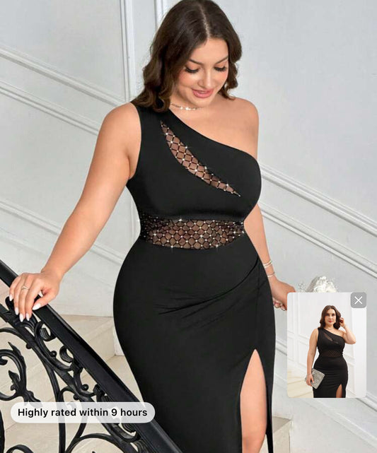 SHEIN Privé Plus Size Elegant Cocktail Dress, Black Color Block Mesh Insert Design, Asymmetric Shoulder, Side Slit Midi Sheath Dress For Vacation, Afternoon Tea, Date, Concert, Party, INS Fashion