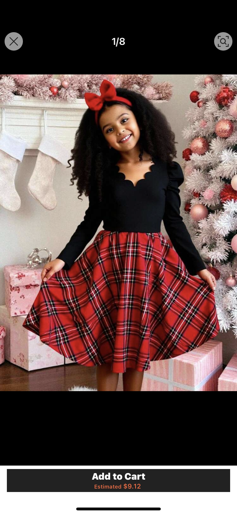 Tween Girl Knit Shell Trim Collar Jacquard Puff Sleeve Fitted Long Sleeve Elegant Black Patchwork Red Plaid Round Neck Belted Long Sleeve Dress, Suitable For Christmas, New Year Party, Back To School, Preppy Style, Valentine's Day Kids Christmas Party Dre