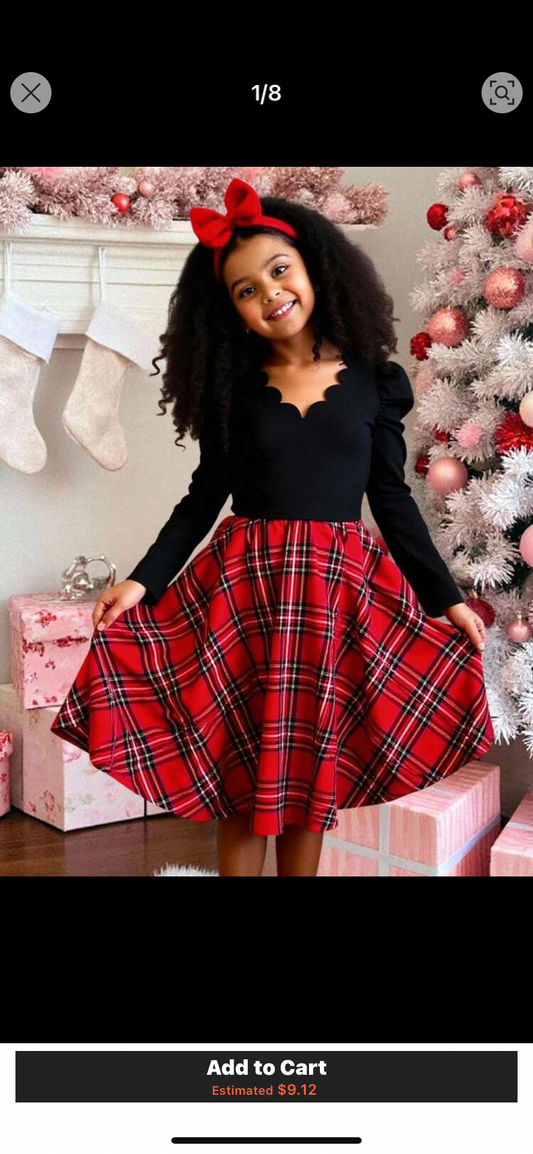 Tween Girl Knit Shell Trim Collar Jacquard Puff Sleeve Fitted Long Sleeve Elegant Black Patchwork Red Plaid Round Neck Belted Long Sleeve Dress, Suitable For Christmas, New Year Party, Back To School, Preppy Style, Valentine's Day Kids Christmas Party Dre