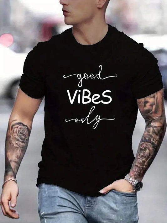 "good Vibes Only" Pattern, Men's Casual Slightly Stretch Crew Neck Graphic Tee, Male Clothes For Summer
