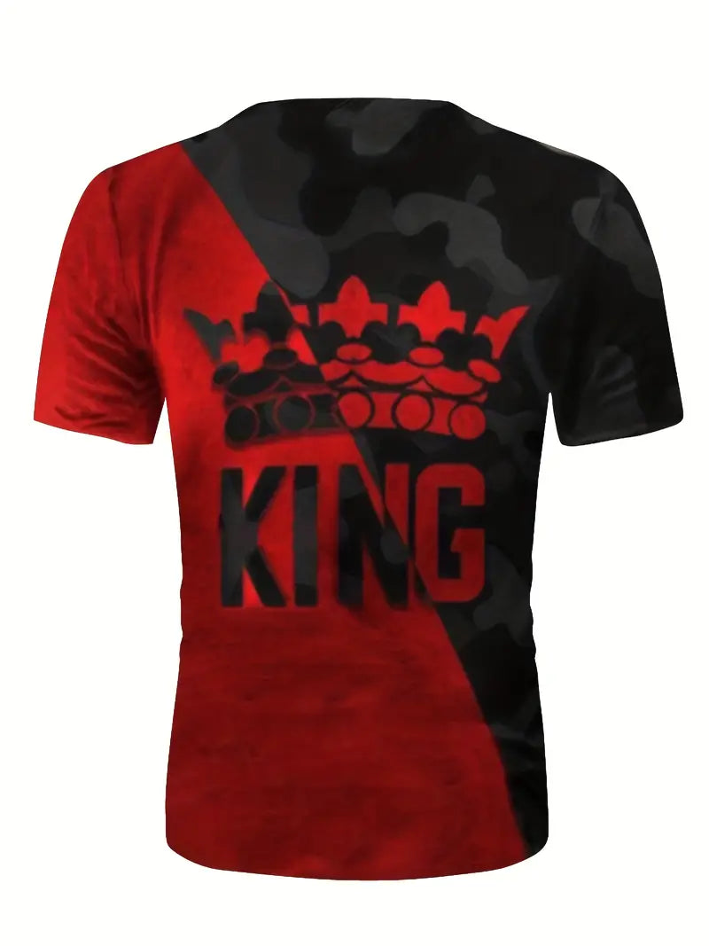 Crown & Letter KING 3D Digital Pattern Print Color Block Graphic T-shirts, Causal Tees, Short Sleeves Comfortable Pullover Tops, Men's Summer Clothing