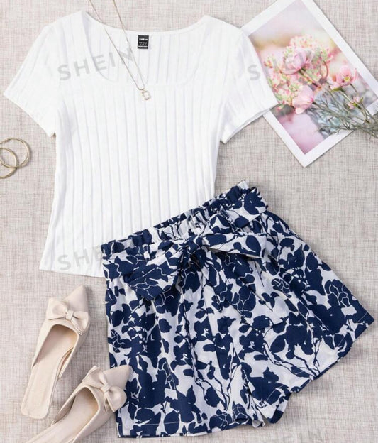 SHEIN VCAY Solid Ribbed Knit Tee & Floral Print Belted Shorts Two Piece Set