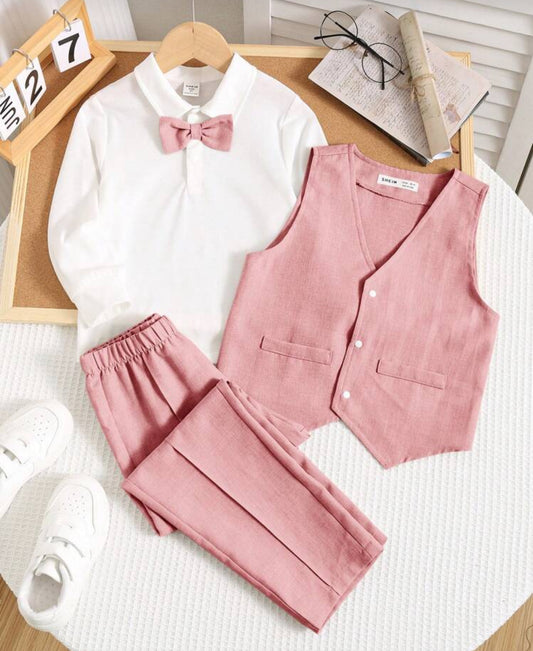 SHEIN 3pcs Young Boy Gentlemen Sophisticated Elegant Urban White Long Sleeve Shirt, T-Shirt And Vest With Pants Suit Set, Suitable For Weddings, Parties, Outings, Gatherings And Autumn/Winter Seasons