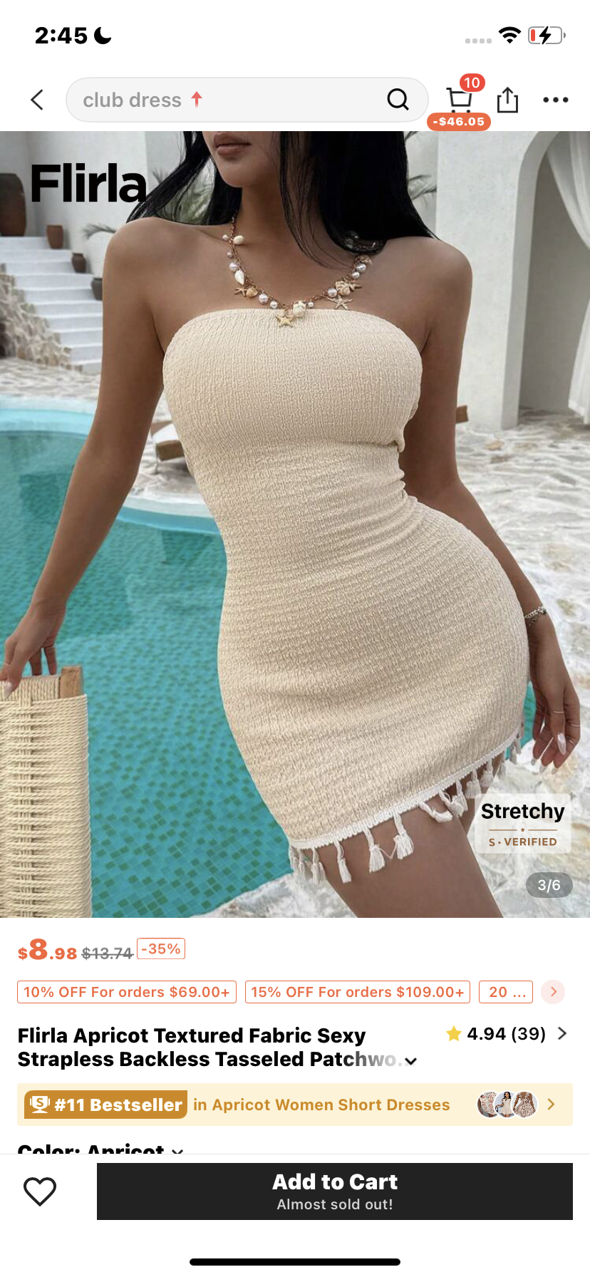 Flirla Apricot Textured Fabric Sexy Strapless Backless Tasseled Patchwork Bodycon Dress