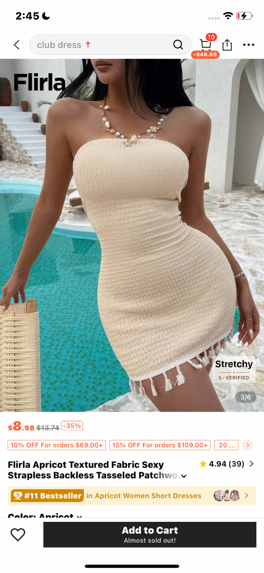 Flirla Apricot Textured Fabric Sexy Strapless Backless Tasseled Patchwork Bodycon Dress