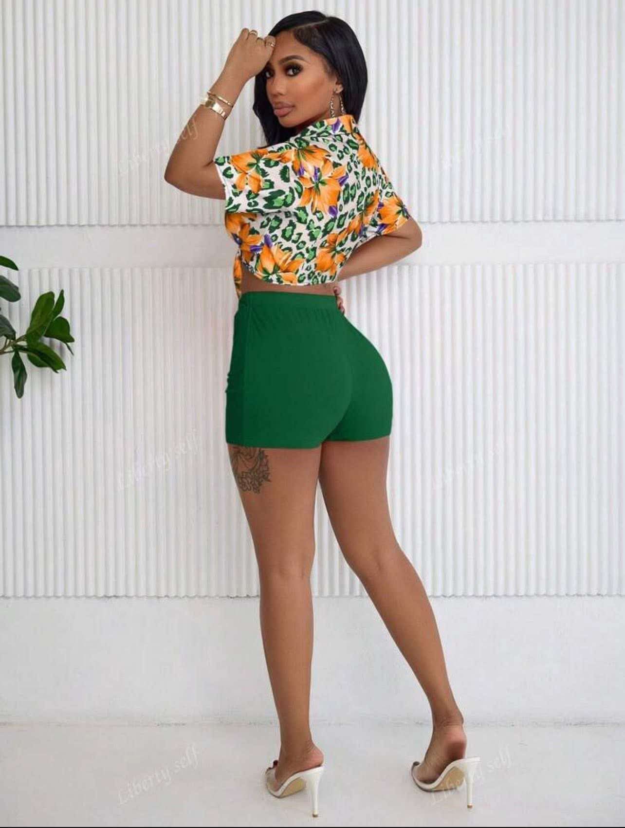 Women's Casual Leopard Flower Print Tie Short Blouse And Motorcycle Shorts Set Two-Piece Set ,Concert Outfit Women(Random Print)