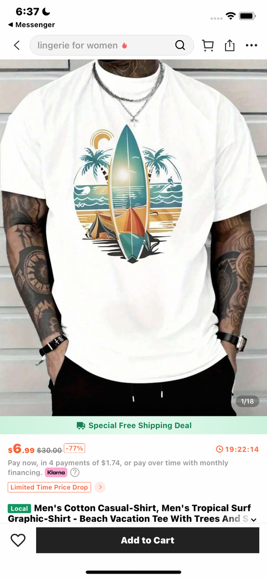 Men's Cotton Casual-Shirt, Men's Tropical Surf Graphic-Shirt - Beach Vacation Tee With Trees And Surfboard Design VE4Y