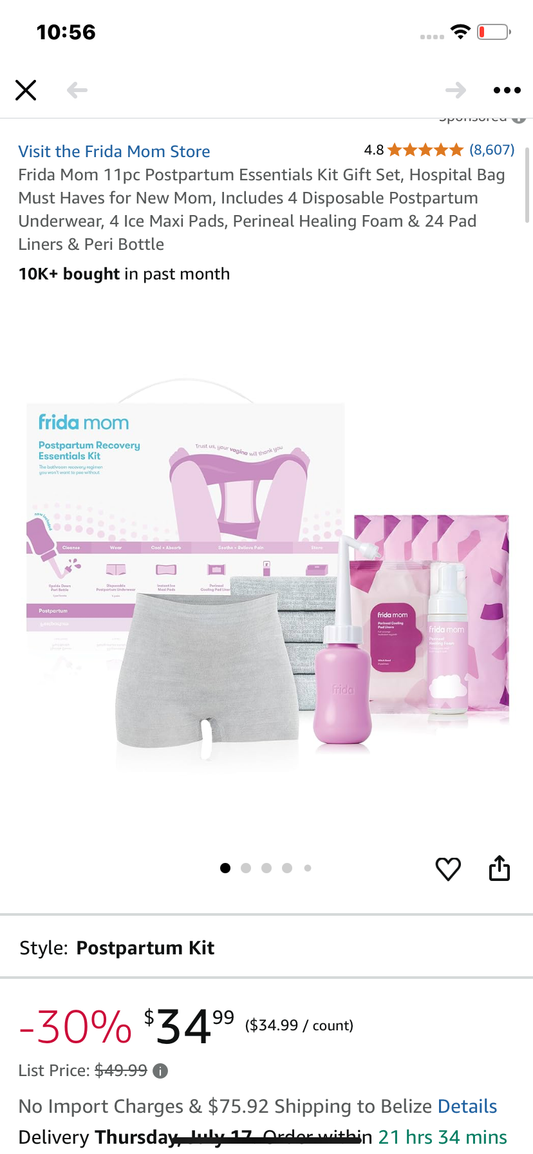 Frida Mom 11pc Postpartum Essentials Kit Gift Set, Hospital Bag Must Haves for New Mom, Includes 4 Disposable Postpartum Underwear, 4 Ice Maxi Pads, Perineal Healing Foam & 24 Pad Liners & Peri Bottle