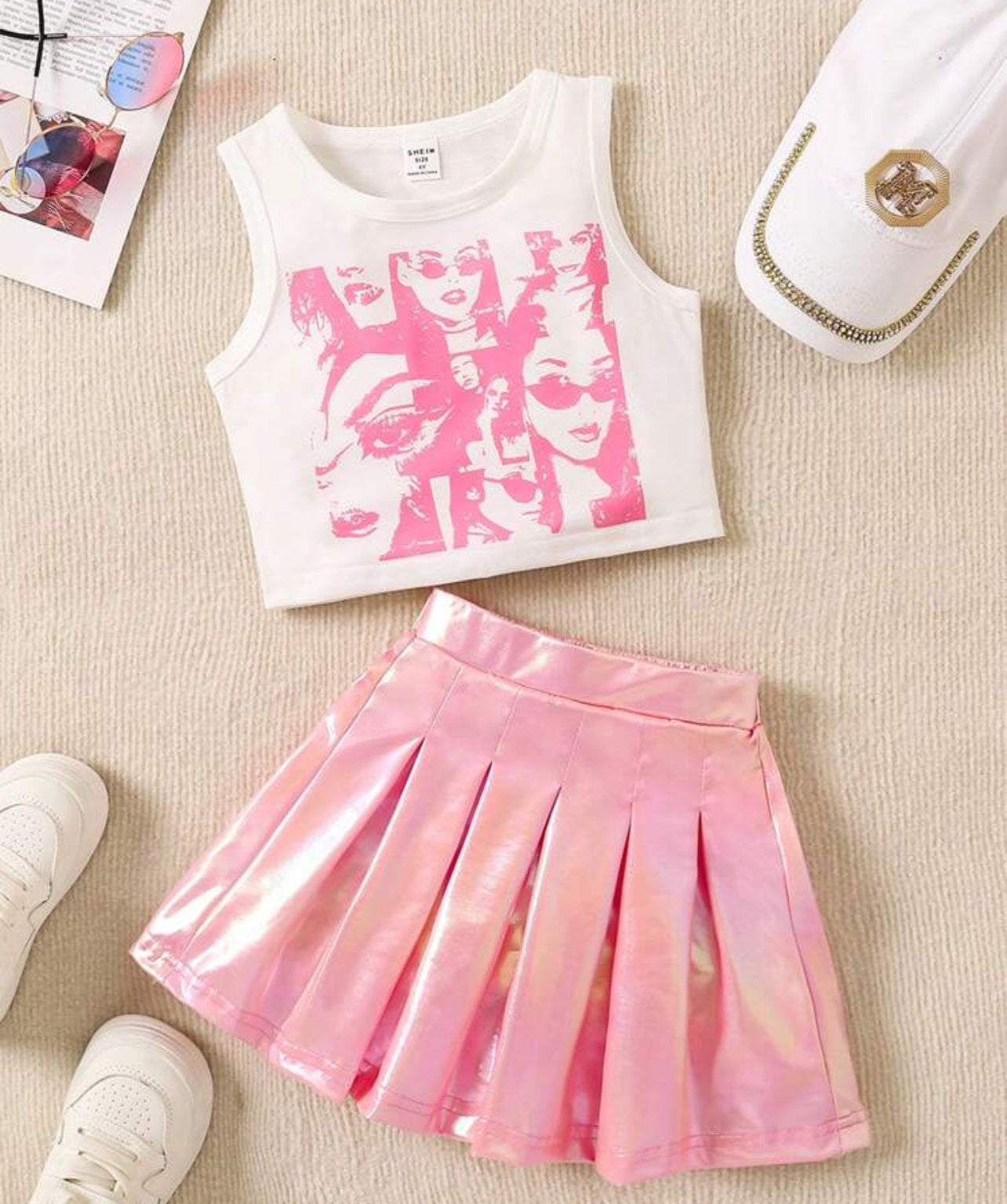 Young Girl Portrait Print Tank Top And Pleated Skirt