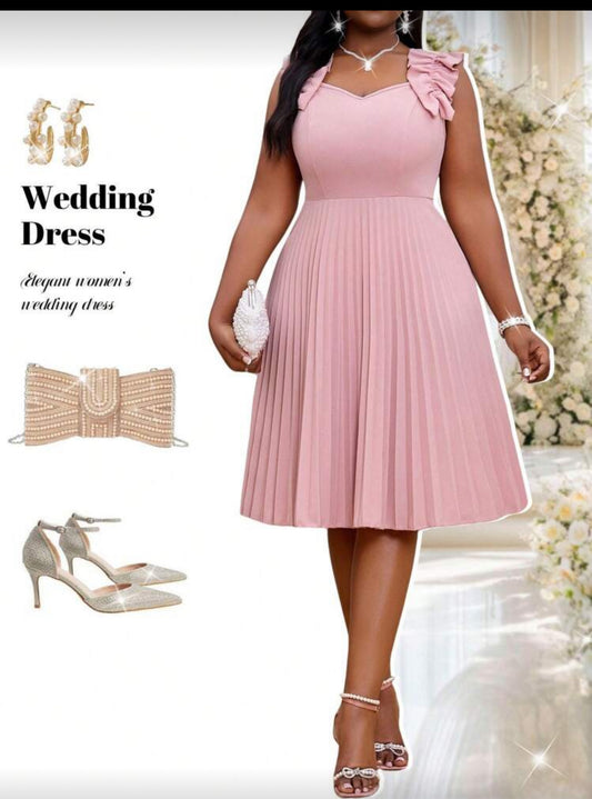 Fleurora Spring And Summer Elegant Elegant Party Wedding Cocktail Party Pink Knitted Sweetheart Flared Lettuce Trim Midi Sleeveless Plus Size Dresses Summer Outfits For Women Summer Dresses For Women Wedding Guest Dress Women Birthday Dresses For Women Bi