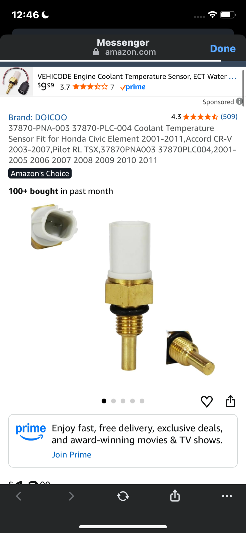 37870-PNA-003 37870-PLC-004 Coolant Temperature Sensor Fit for Honda Civic Element 2001-2011,Accord CR-V 2003-2007,Pilot RL TSX,37870PNA003 37870PLC004,2001-2005 2006 2007 2008 2009 2010 2011