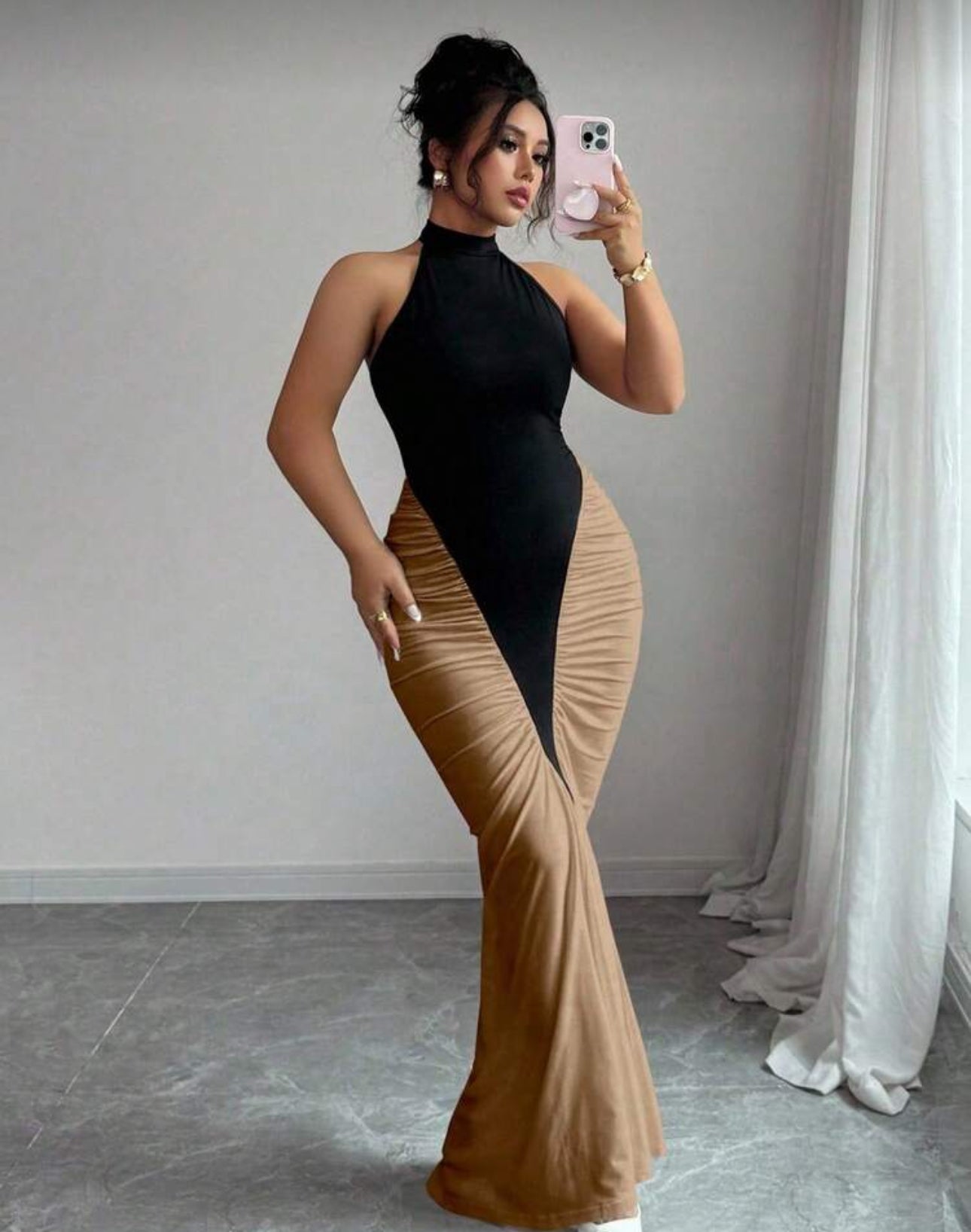 Elenzga Plus Size Women's Black & Brown Color Block Halter Neck Cinched Waist Mermaid Hem Elegant Maxi Dress, Suitable For Commuting And Daily Wear