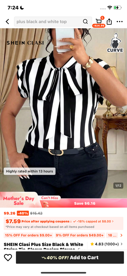SHEIN Clasi Plus Size Black & White Stripe Tie-Sleeve Design Blouse, Casual Commute Wear