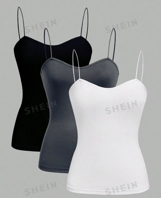 SHEIN EZwear 3pcs/Set Black, White, Gray Casual Slim Fit Camisole Tops For Women, Suitable For Summer