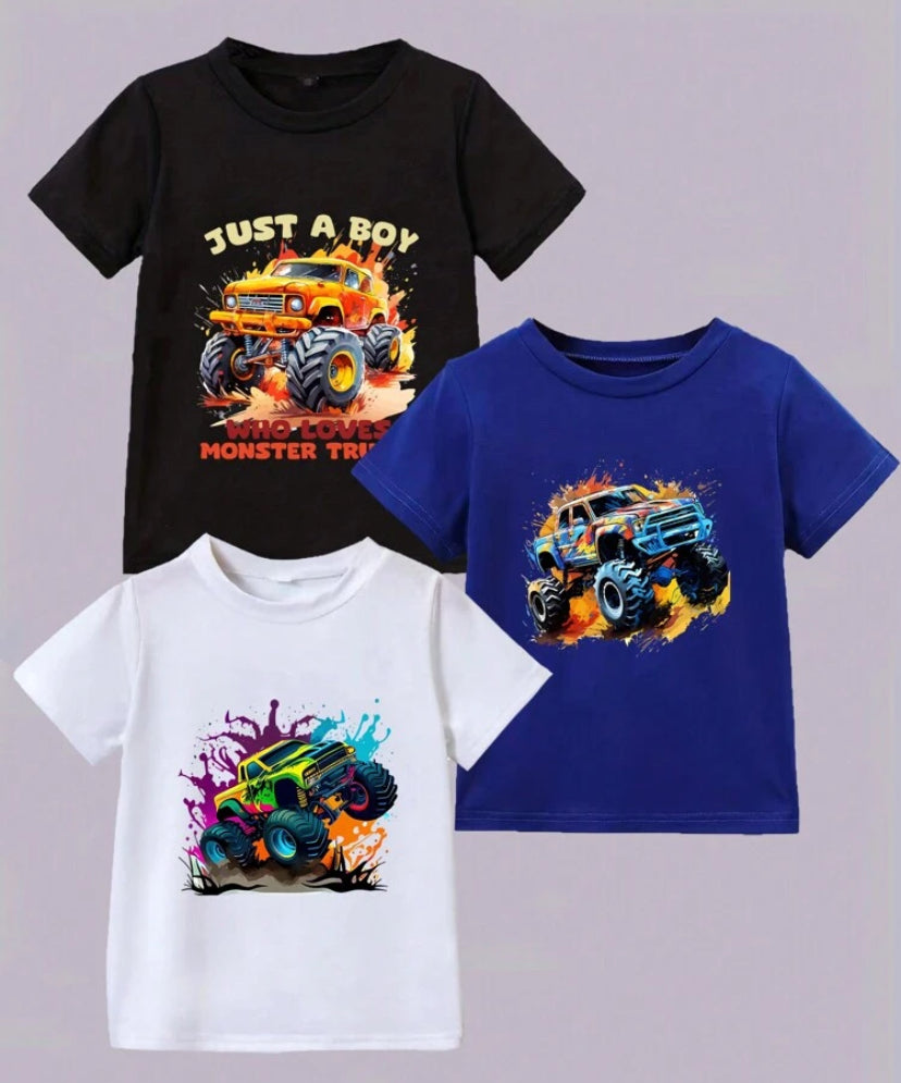 3pcs Young Boy Off-Road Vehicle Printed Round Neck Short Sleeve T-Shirt Set, Including Truck, Racing Car, For Spring/Summer/Autumn