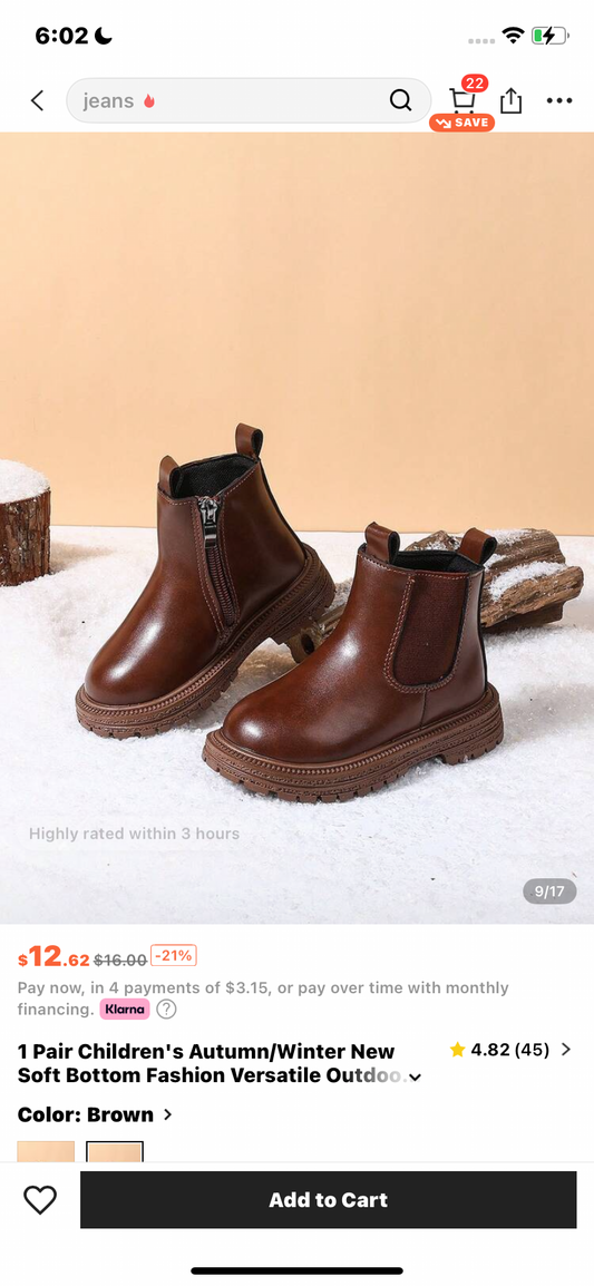 1 Pair Children's Autumn/Winter New Soft Bottom Fashion Versatile Outdoor Anti-Slip Classic Leather Boots