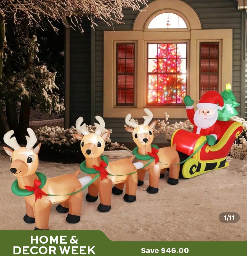 ITopRoad 10ft Christmas Santa Claus Sleigh & Reindeer Outdoor Decorations with Secure Stakes And Electric Blower Fan