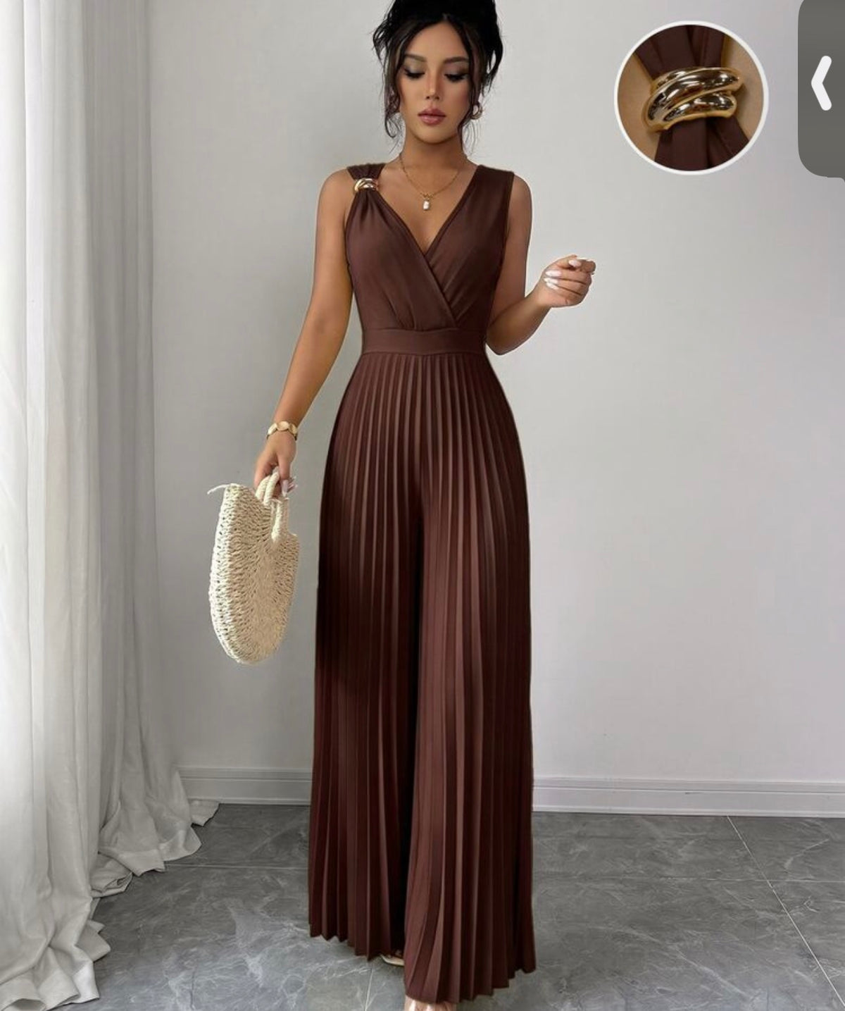 Elenzga Women's Spring/Summer Elegant Commuter Yellow V-Neck Sleeveless Metal Buckle Pleated Waist Cinched Pleated Design Fitted Slim Jumpsuit