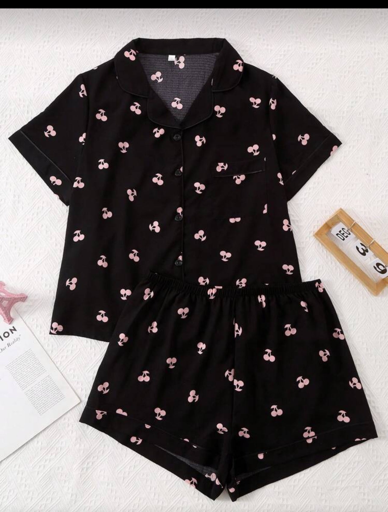 Plus Size Women Cherry Print Short Sleeve Shirt Pajama Set With Shorts, Outfits