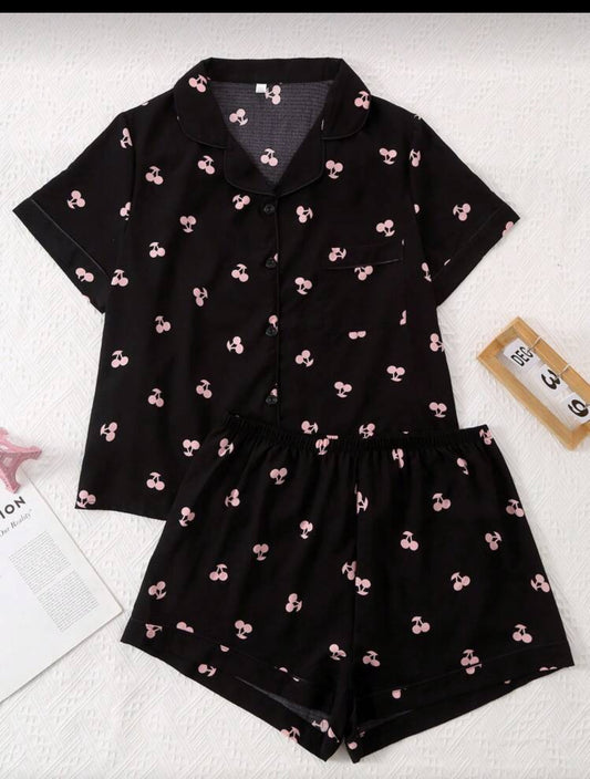 Plus Size Women Cherry Print Short Sleeve Shirt Pajama Set With Shorts, Outfits