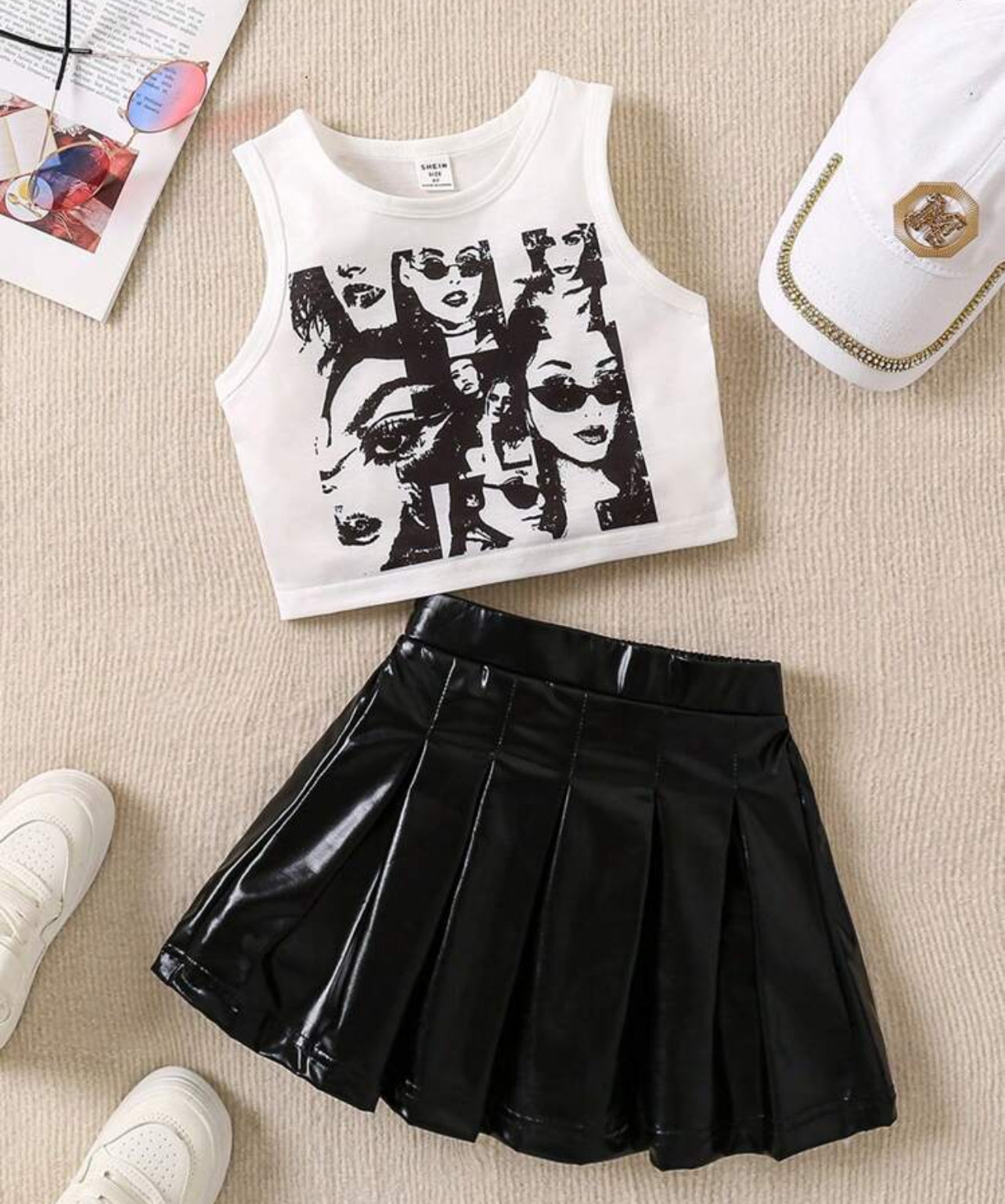 Young Girl Portrait Print Tank Top And Pleated Skirt