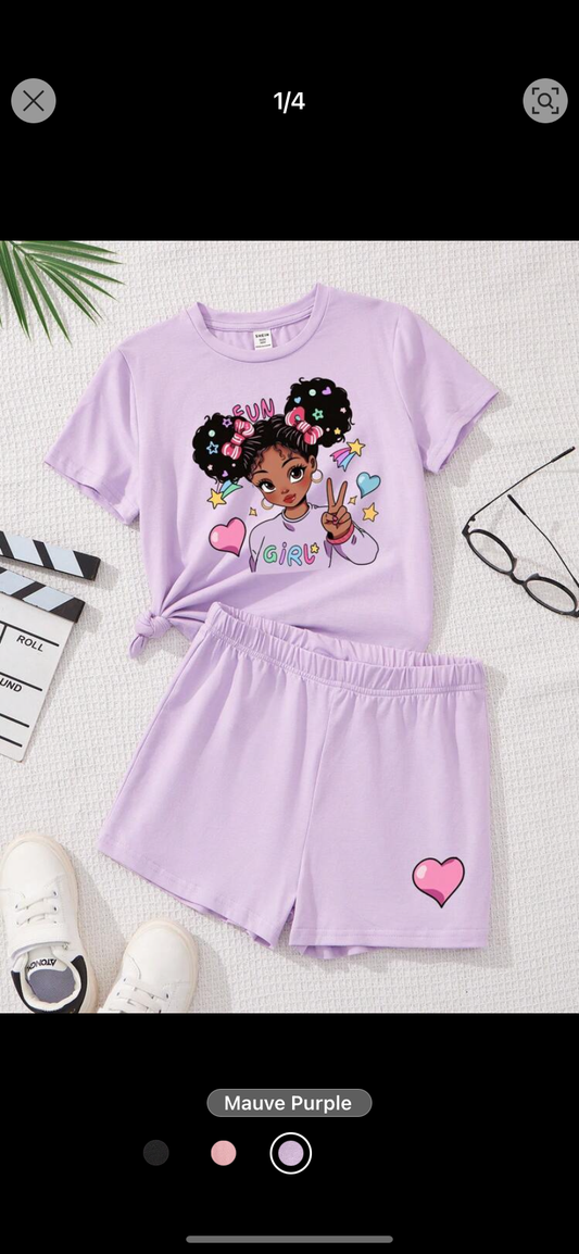 SHEIN 2pcs Tween Girl Casual Simple Graphic Short Sleeve T-Shirt And Shorts Set, Cotton Blend, Suitable For Summer