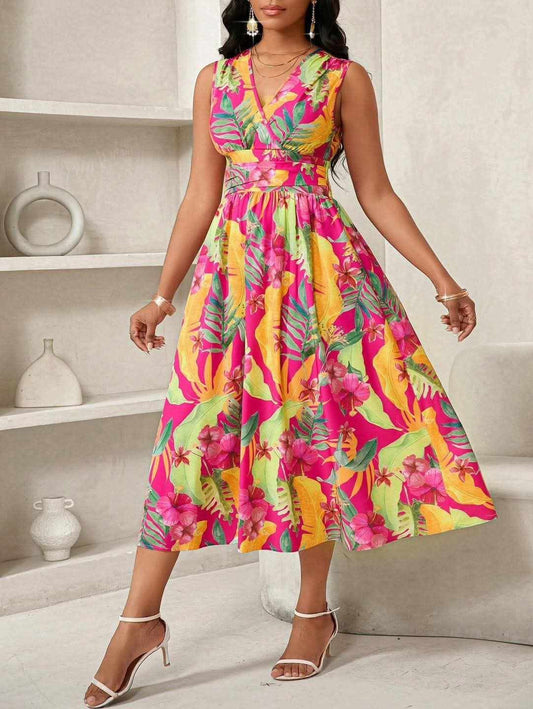 SHEIN Lady Women's Casual Holiday Tropical Print Mid-Length Dress Summer Outfits For Women Vacation Dress Beach Vacation Outfits Woman