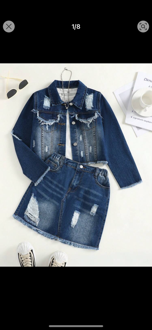 SHEIN Tween Girls Long Sleeve Top And Denim Skirt 2-Piece Set