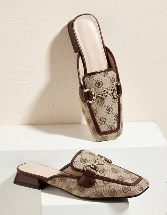 Women's Flat Square Toe Embroidery Fashion Buckle Mules
