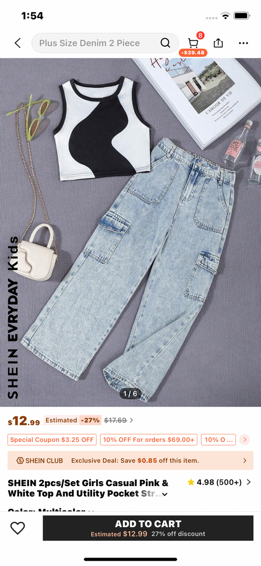 SHEIN 2pcs/Set Girls Casual Pink & White Top And Utility Pocket Straight Leg Jeans, Plus Size