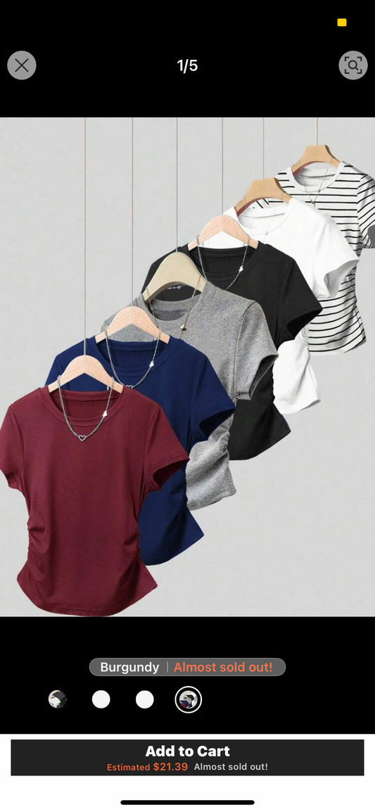 6pcs Women's Casual Everyday Pleated Waist Short Sleeve T-Shirts, Versatile